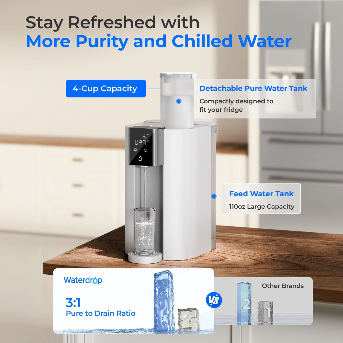 White countertop RO water filtration system with detachable pure water tank and control panel