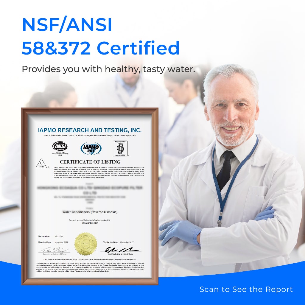 Framed certification document and doctor beside reverse osmosis system marketing