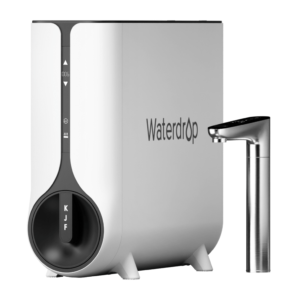 White instant hot water RO dispenser with black control face and tall chrome faucet