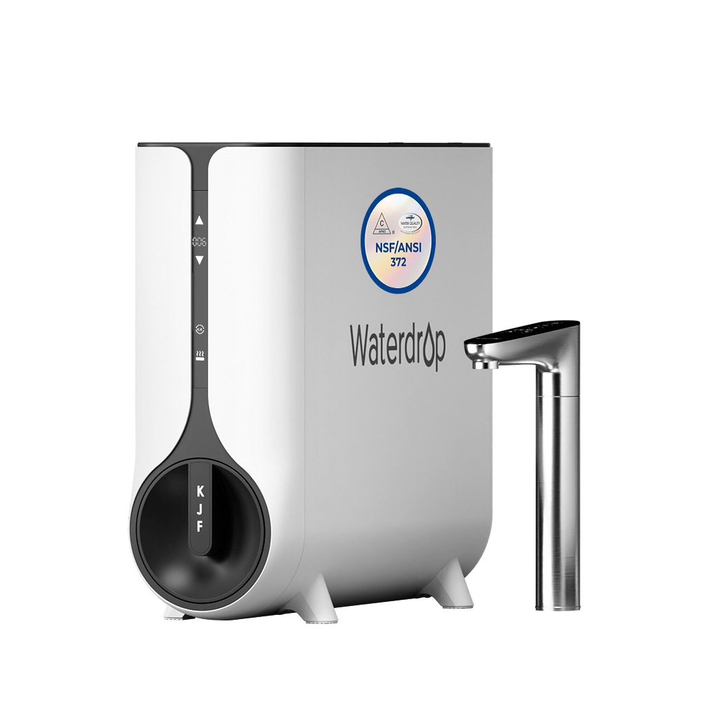 White instant hot water dispenser with chrome faucet and NSF/ANSI 372 badge