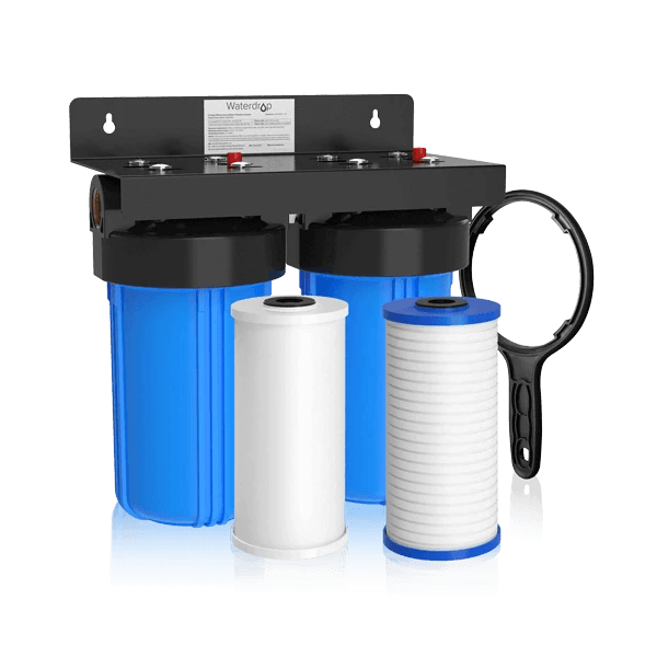 Waterdrop whole house water filtration system with two cartridge filters, black and blue