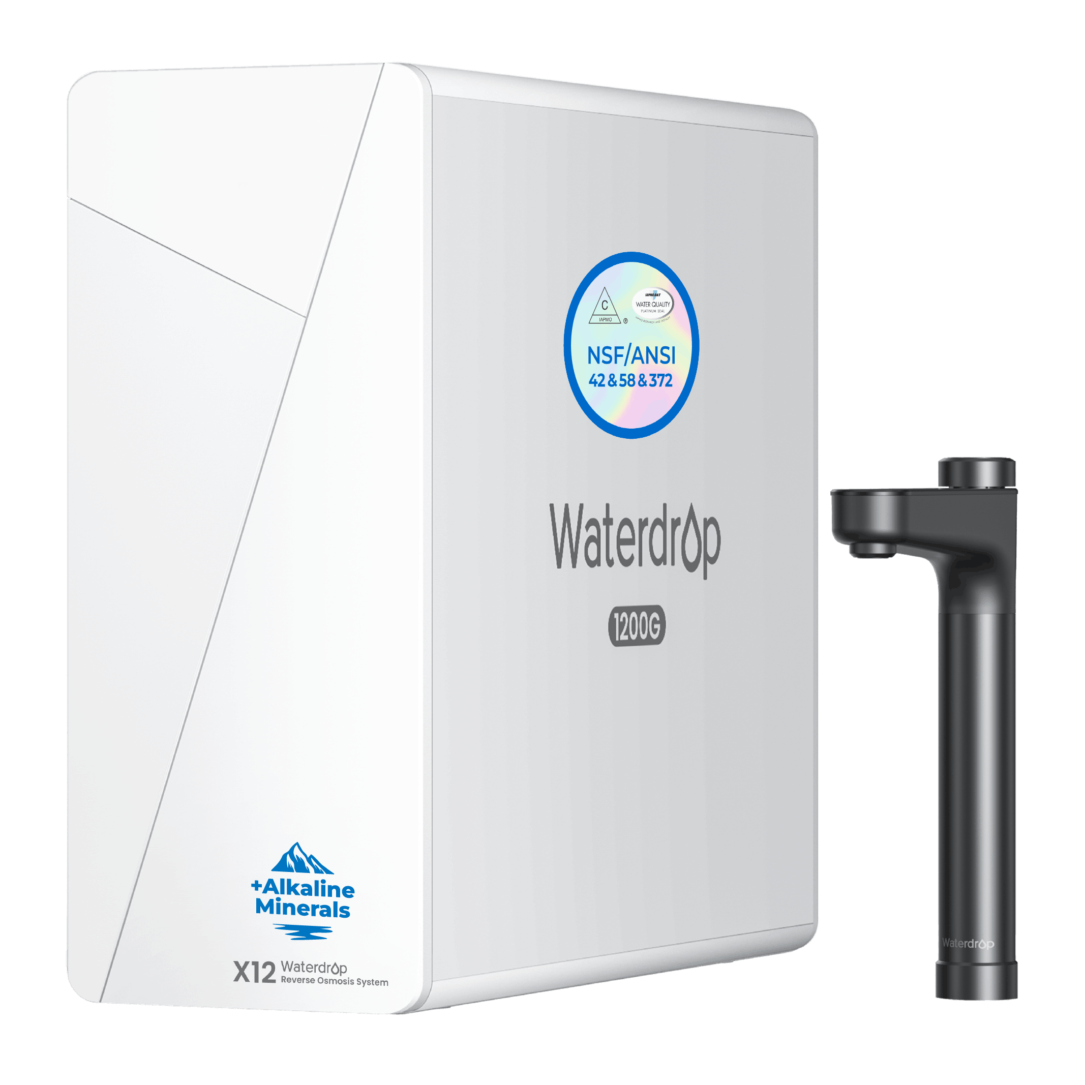 Waterdrop reverse osmosis filter, white cabinet with metal faucet and alkaline minerals mark