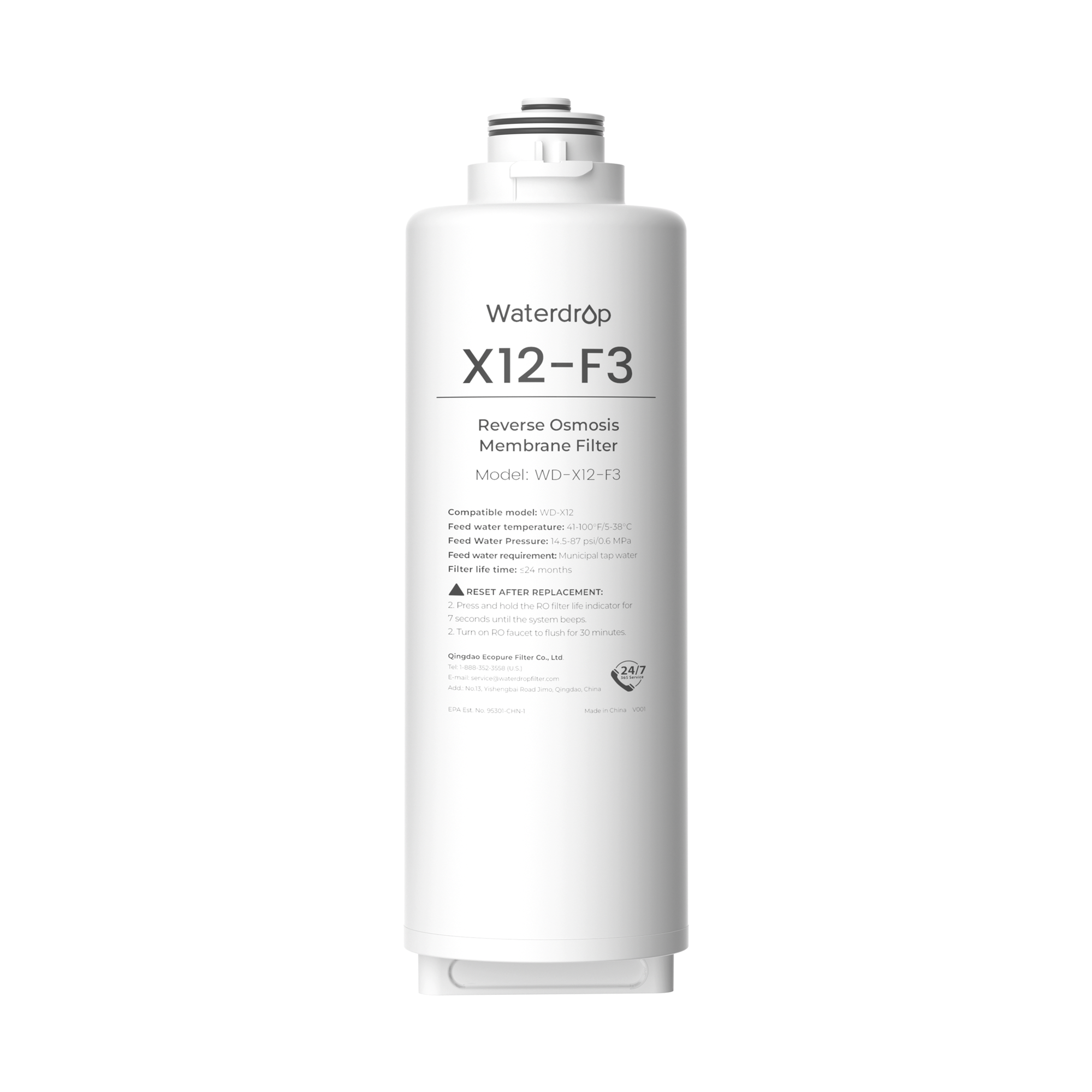 White Waterdrop RO replacement filter cartridge, X12-F3 model, for WD-X12 systems