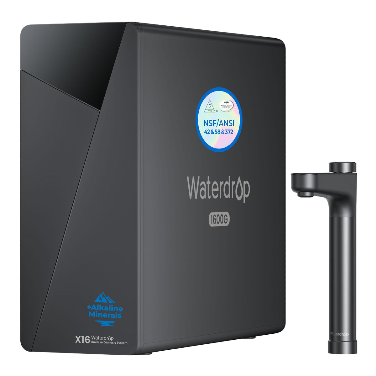 Black tankless reverse osmosis filtration system with NSF/ANSI 42/58/372 label and faucet