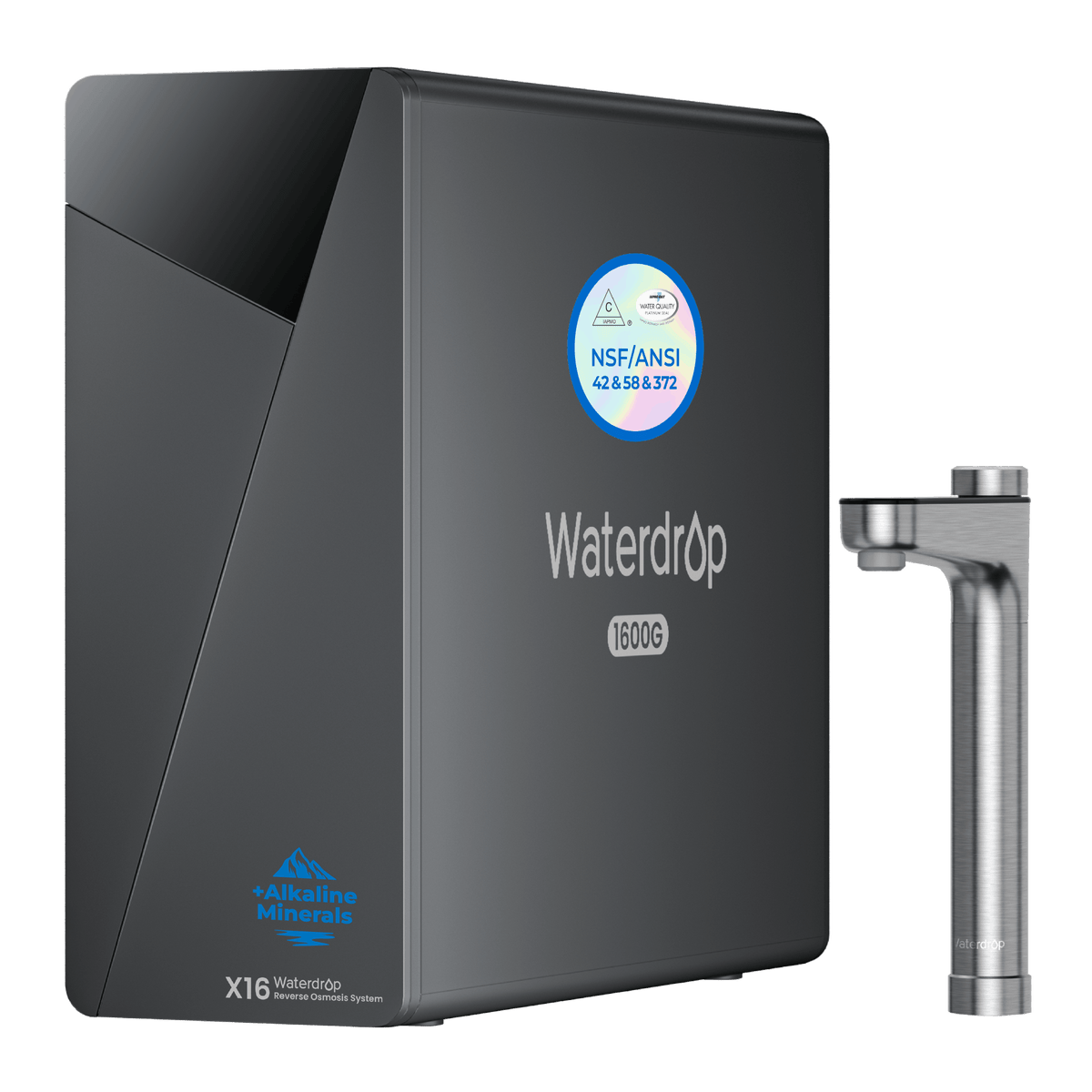 Black under-sink reverse osmosis unit marked Waterdrop 1600G with faucet