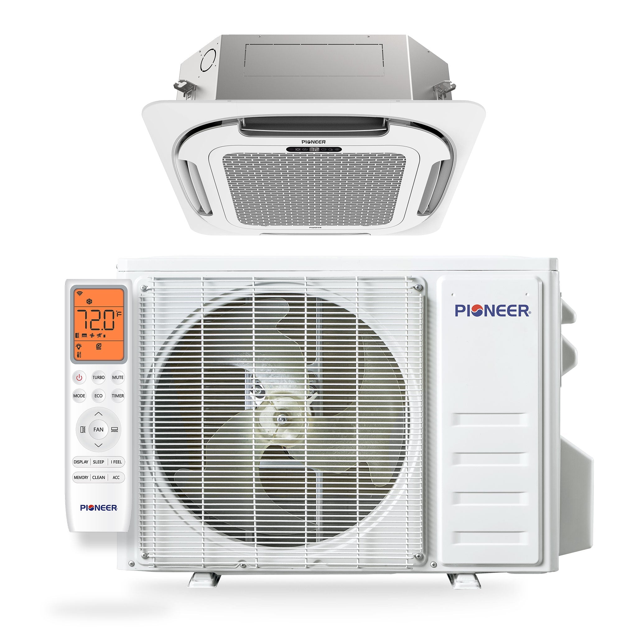 Ceiling cassette ductless mini-split air conditioner set with indoor and outdoor units