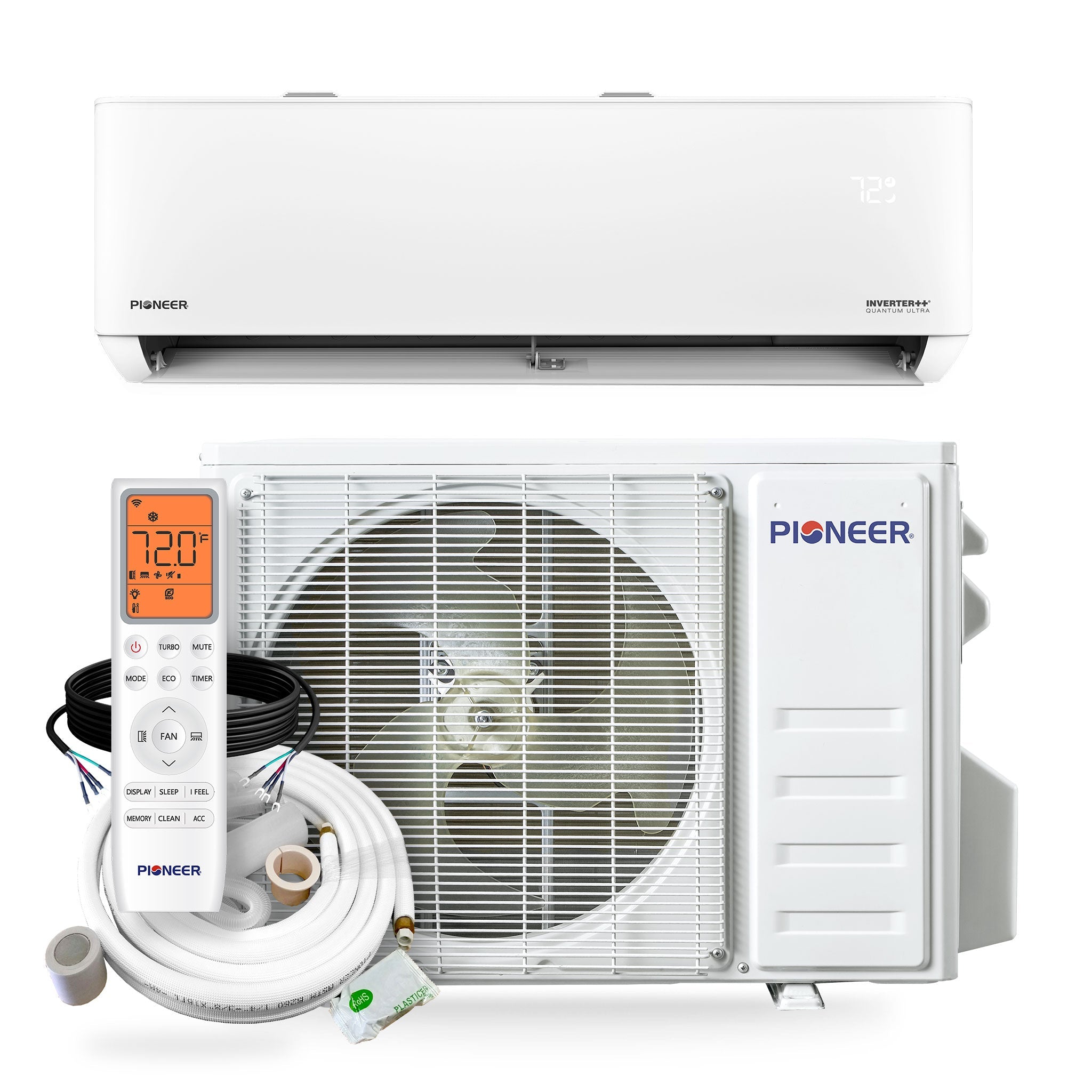 White ductless mini-split indoor unit with open outdoor condenser and control display.