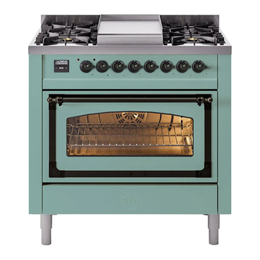 ILVE Nostalgie II Noblesse 36-Inch 3.5 Cu. Ft. Natural Gas Dual Fuel Range with 6 Burners, Griddle and Triple Glass Door in Mediterranean Mint with Burnished Bronze Trim, front view