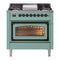 ILVE Nostalgie II Noblesse 36-Inch 3.5 Cu. Ft. Propane Gas Dual Fuel Range with 6 Burners, Griddle and Triple Glass Door in Mediterranean Mint with Burnished Bronze Trim (UN36FNMPMMBLP)