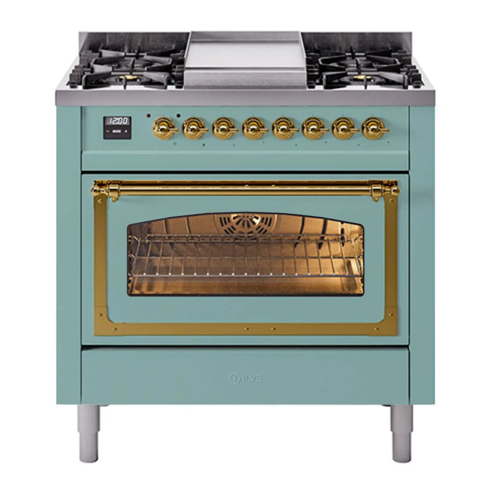 ILVE Nostalgie II Noblesse 36-Inch 3.5 Cu. Ft. Natural Gas Dual Fuel Range with 6 Burners, Griddle and Triple Glass Door in Mediterranean Mint with Brass Trim, front view