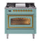 ILVE Nostalgie II Noblesse 36-Inch 3.5 Cu. Ft. Propane Gas Dual Fuel Range with 6 Burners, Griddle and Triple Glass Door in Mediterranean Mint with Brass Trim (UN36FNMPMMGLP)