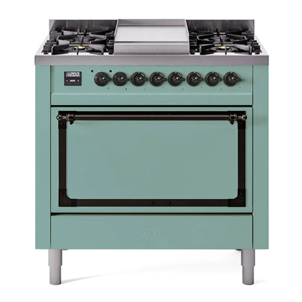 ILVE Nostalgie II Noblesse 36-Inch 3.5 Cu. Ft. Natural Gas Dual Fuel Range with 6 Burners, Griddle and Solid Door in Mediterranean Mint with Burnished Bronze Trim, front view