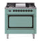 ILVE Nostalgie II Noblesse 36-Inch 3.5 Cu. Ft. Propane Gas Dual Fuel Range with 6 Burners, Griddle and Solid Door in Mediterranean Mint with Burnished Bronze Trim (UN36FQNMPMMBLP)