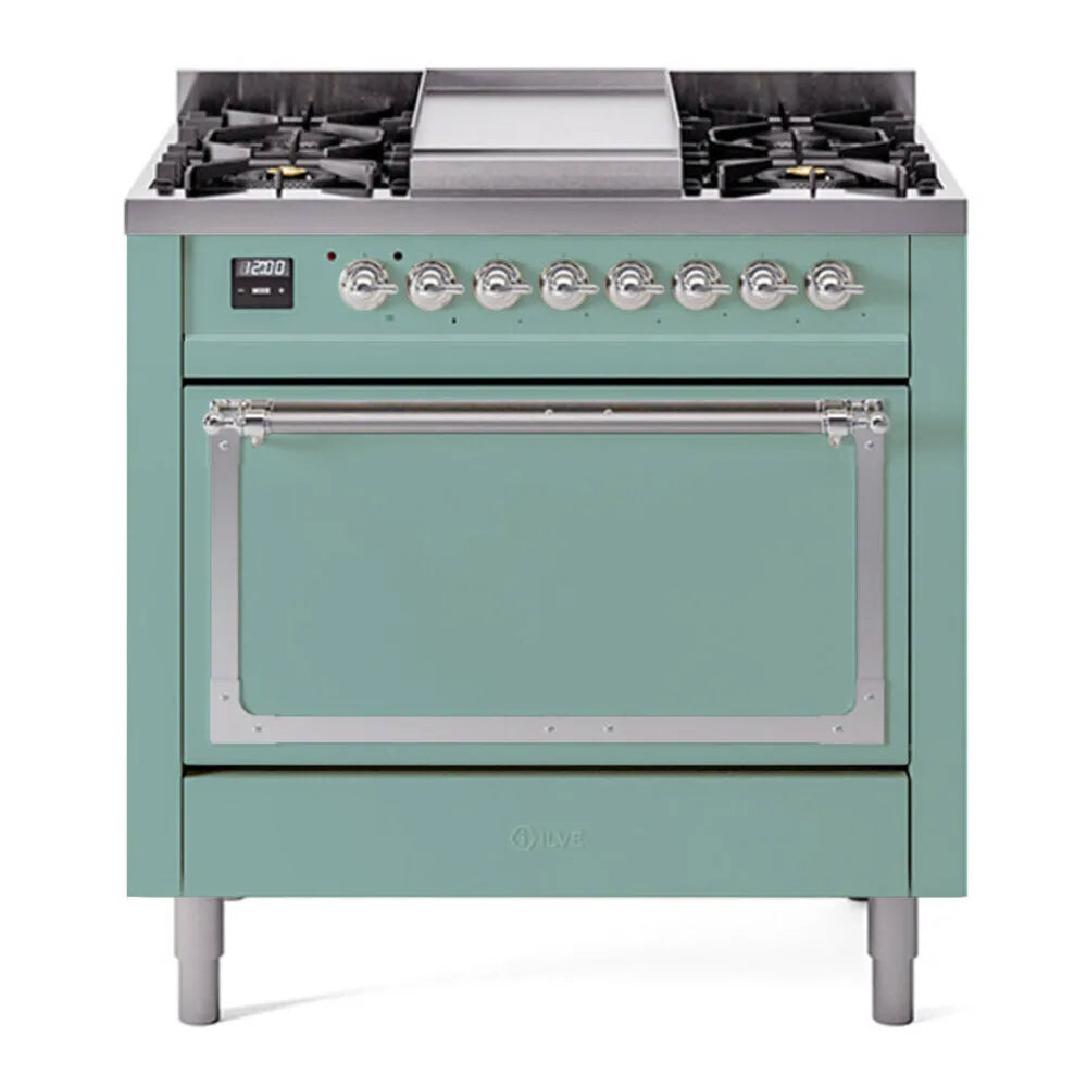 ILVE Nostalgie II Noblesse 36-Inch 3.5 Cu. Ft. Propane Gas Dual Fuel Range with 6 Burners, Griddle and Solid Door in Mediterranean Mint with Chrome Trim, front view