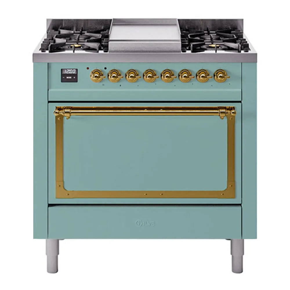 ILVE Nostalgie II Noblesse 36-Inch 3.5 Cu. Ft. Propane Gas Dual Fuel Range with 6 Burners, Griddle and Solid Door in Mediterranean Mint with Brass Trim, front view