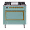 ILVE Nostalgie II Noblesse 36-Inch 3.5 Cu. Ft. Propane Gas Dual Fuel Range with 6 Burners, Griddle and Solid Door in Mediterranean Mint with Brass Trim (UN36FQNMPMMGLP)