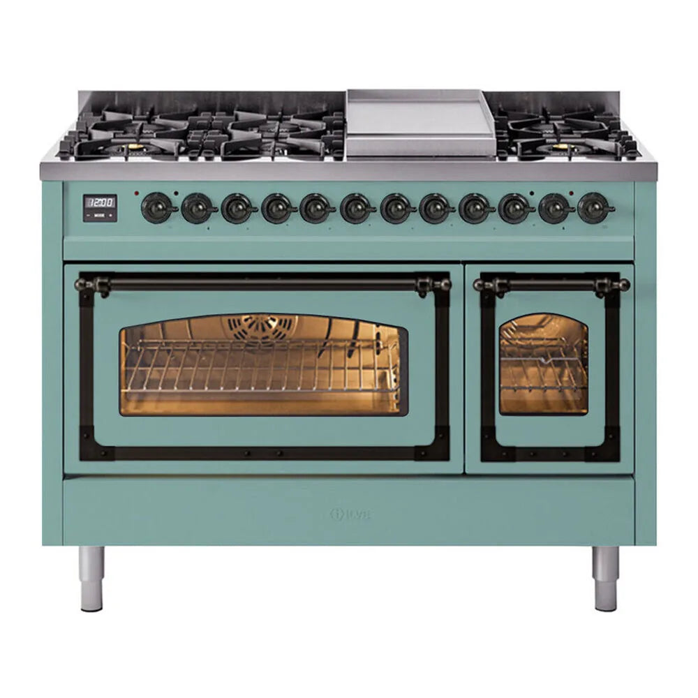 ILVE Nostalgie II Noblesse 48-Inch 5.02 Cu. Ft. Dual Oven Natural Gas Dual Fuel Range with 8 Burners, Griddle and Triple Glass Door in Mediterranean Mint with Burnished Bronze Trim, front view