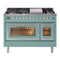 ILVE Nostalgie II Noblesse 48-Inch 5.02 Cu. Ft. Double Oven Natural Gas Dual Fuel Range with 8 Burners, Griddle and Triple Glass Door in Mediterranean Mint with Chrome Trim (UN48FNMPMMC)