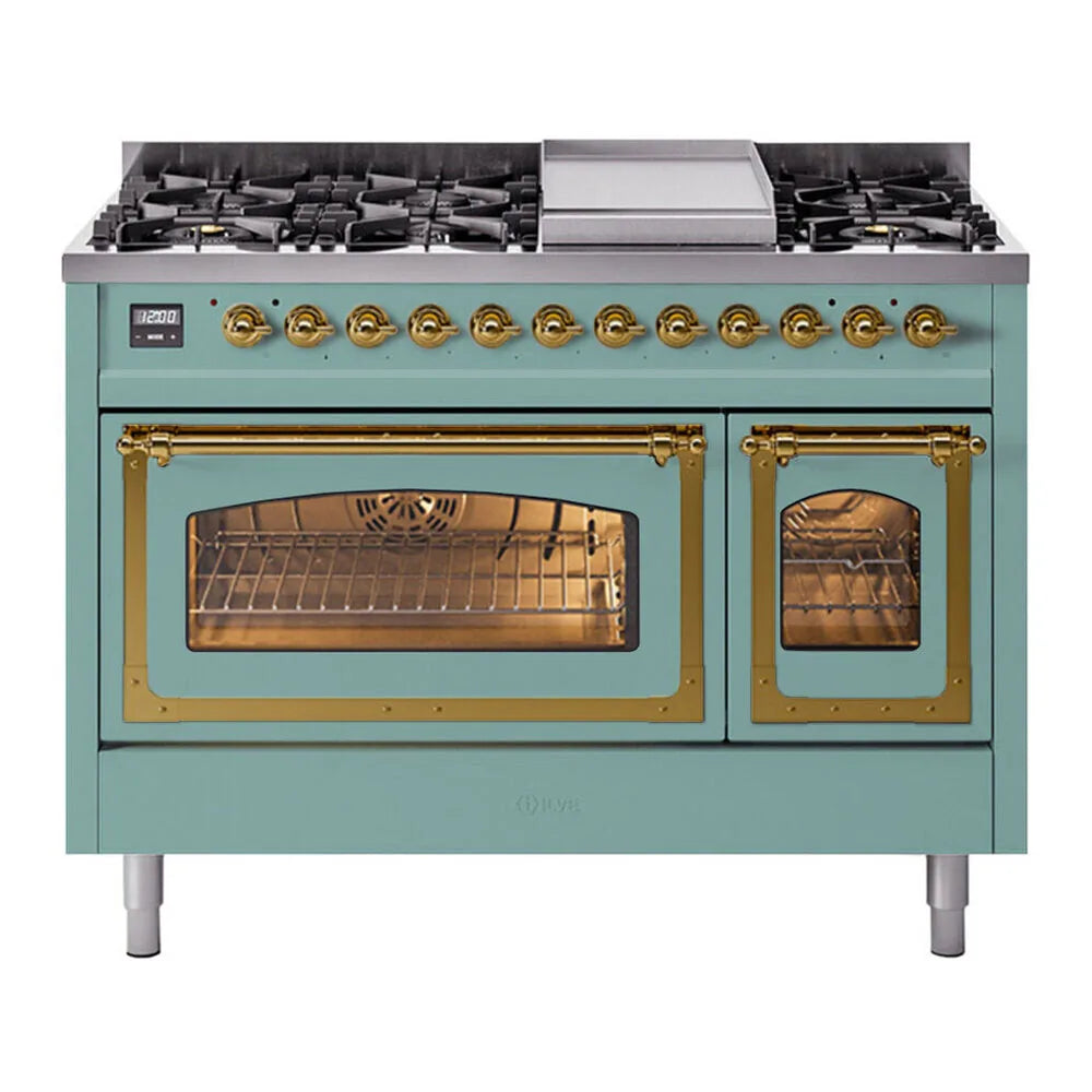 ILVE Nostalgie II Noblesse 48-Inch 5.02 Cu. Ft. Dual Oven Natural Gas Dual Fuel Range with 8 Burners, Griddle and Triple Glass Door in Mediterranean Mint with Brass Trim, front view