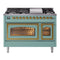 ILVE Nostalgie II Noblesse 48-Inch 5.02 Cu. Ft. Double Oven Propane Gas Dual Fuel Range with 8 Burners, Griddle and Triple Glass Door in Mediterranean Mint with Brass Trim (UN48FNMPMMGLP)
