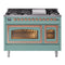 ILVE Nostalgie II Noblesse 48-Inch 5.02 Cu. Ft. Double Oven Natural Gas Dual Fuel Range with 8 Burners, Griddle and Triple Glass Door in Mediterranean Mint with Copper Trim (UN48FNMPMMP)