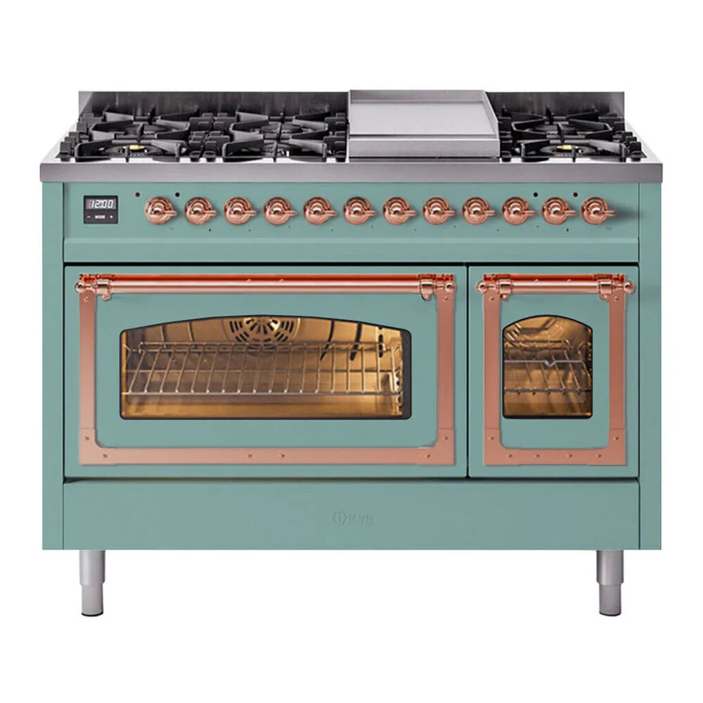 ILVE Nostalgie II Noblesse 48-Inch 5.02 Cu. Ft. Dual Oven Propane Gas Dual Fuel Range with 8 Burners, Griddle and Triple Glass Door in Mediterranean Mint with Copper Trim, front view