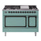 ILVE Nostalgie II Noblesse 48-Inch 5.02 Cu. Ft. Double Oven Natural Gas Dual Fuel Range with 8 Burners, Griddle and Solid Door in Mediterranean Mint with Burnished Bronze Trim (UN48FQNMPMMB)