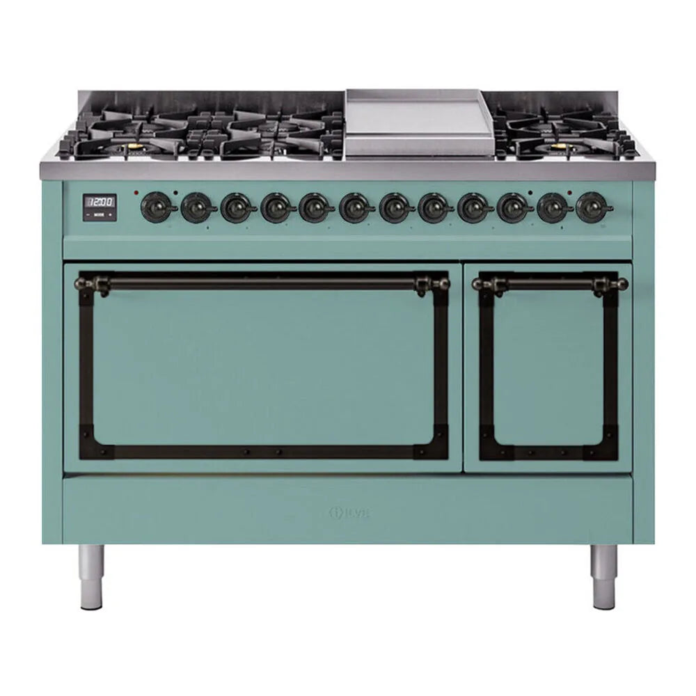 ILVE Nostalgie II Noblesse 48-Inch 5.02 Cu. Ft. Dual Oven Propane Gas Dual Fuel Range with 8 Burners, Griddle and Solid Door in Mediterranean Mint with Burnished Bronze Trim, front view