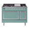 ILVE Nostalgie II Noblesse 48-Inch 5.02 Cu. Ft. Double Oven Natural Gas Dual Fuel Range with 8 Burners, Griddle and Solid Door in Mediterranean Mint with Chrome Trim (UN48FQNMPMMC)