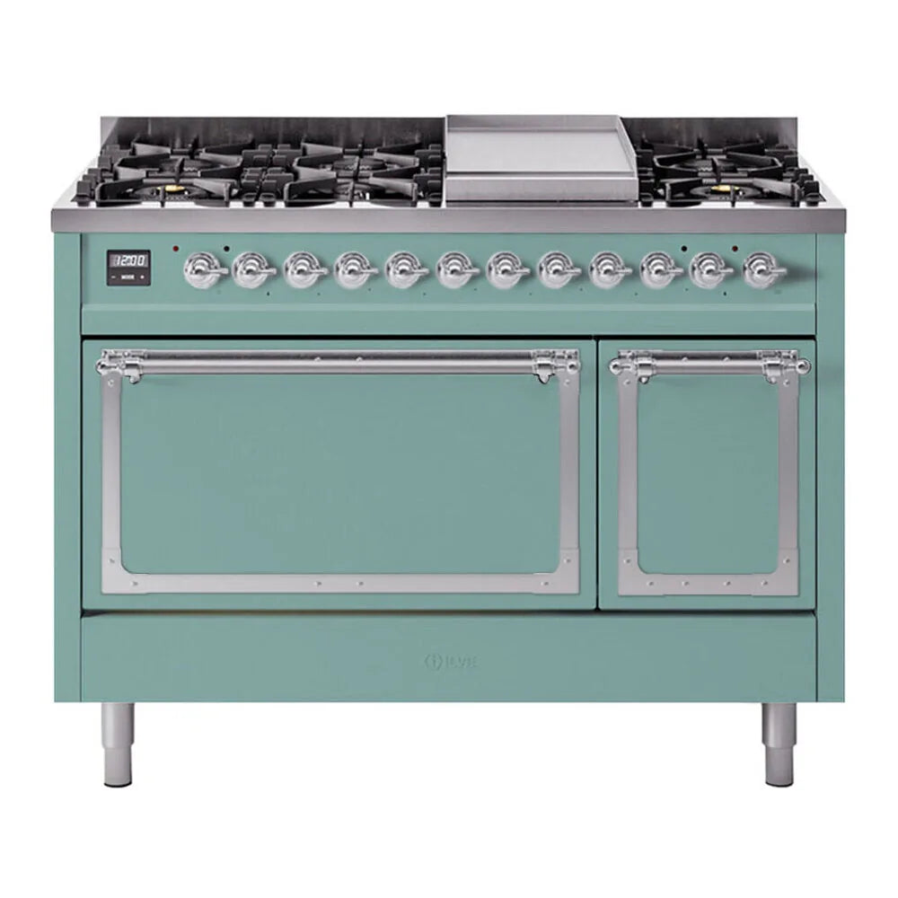 ILVE Nostalgie II Noblesse 48-Inch 5.02 Cu. Ft. Dual Oven Propane Gas Dual Fuel Range with 8 Burners, Griddle and Solid Door in Mediterranean Mint with Chrome Trim, front view
