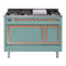 ILVE Nostalgie II Noblesse 48-Inch 5.02 Cu. Ft. Double Oven Propane Gas Dual Fuel Range with 8 Burners, Griddle and Solid Door in Mediterranean Mint with Copper Trim (UN48FQNMPMMPLP)