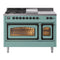 ILVE Nostalgie II Noblesse 48-Inch 5.02 Cu. Ft. Double Oven Natural Gas Dual Fuel Range with 5 Burners, Griddle, French Top and Triple Glass Door in Mediterranean Mint with Burnished Bronze Trim (UN48FSNMPMMB)