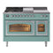 ILVE Nostalgie II Noblesse 48-Inch 5.02 Cu. Ft. Double Oven Natural Gas Dual Fuel Range with 5 Burners, Griddle, French Top and Triple Glass Door in Mediterranean Mint with Chrome Trim (UN48FSNMPMMC)