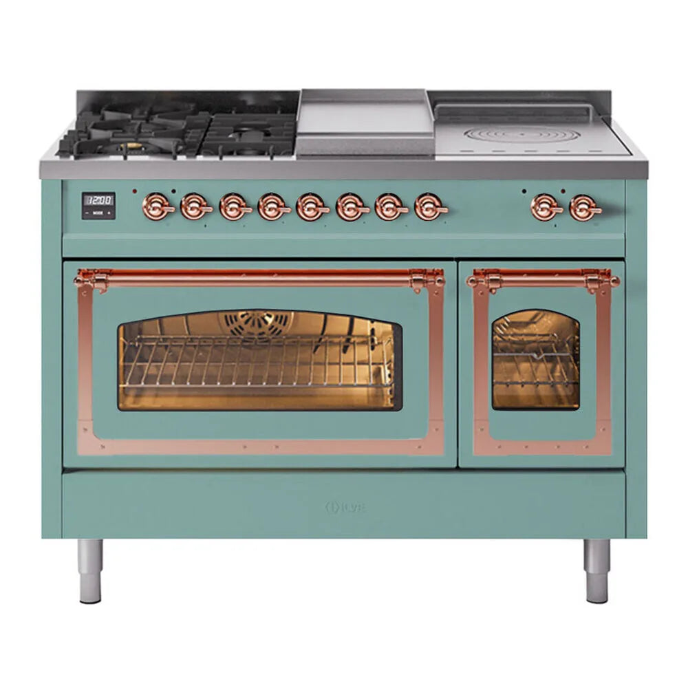 ILVE Nostalgie II Noblesse 48-Inch 5.02 Cu. Ft. Dual Oven Propane Gas Dual Fuel Range with 5 Burners, Griddle, French Top and Triple Glass Door in Mediterranean Mint with Copper Trim, front view
