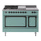 ILVE Nostalgie II Noblesse 48-Inch 5.02 Cu. Ft. Double Oven Natural Gas Dual Fuel Range with 5 Burners, Griddle, French Top and Solid Door in Mediterranean Mint with Burnished Bronze Trim (UN48FSQNMPMMB)