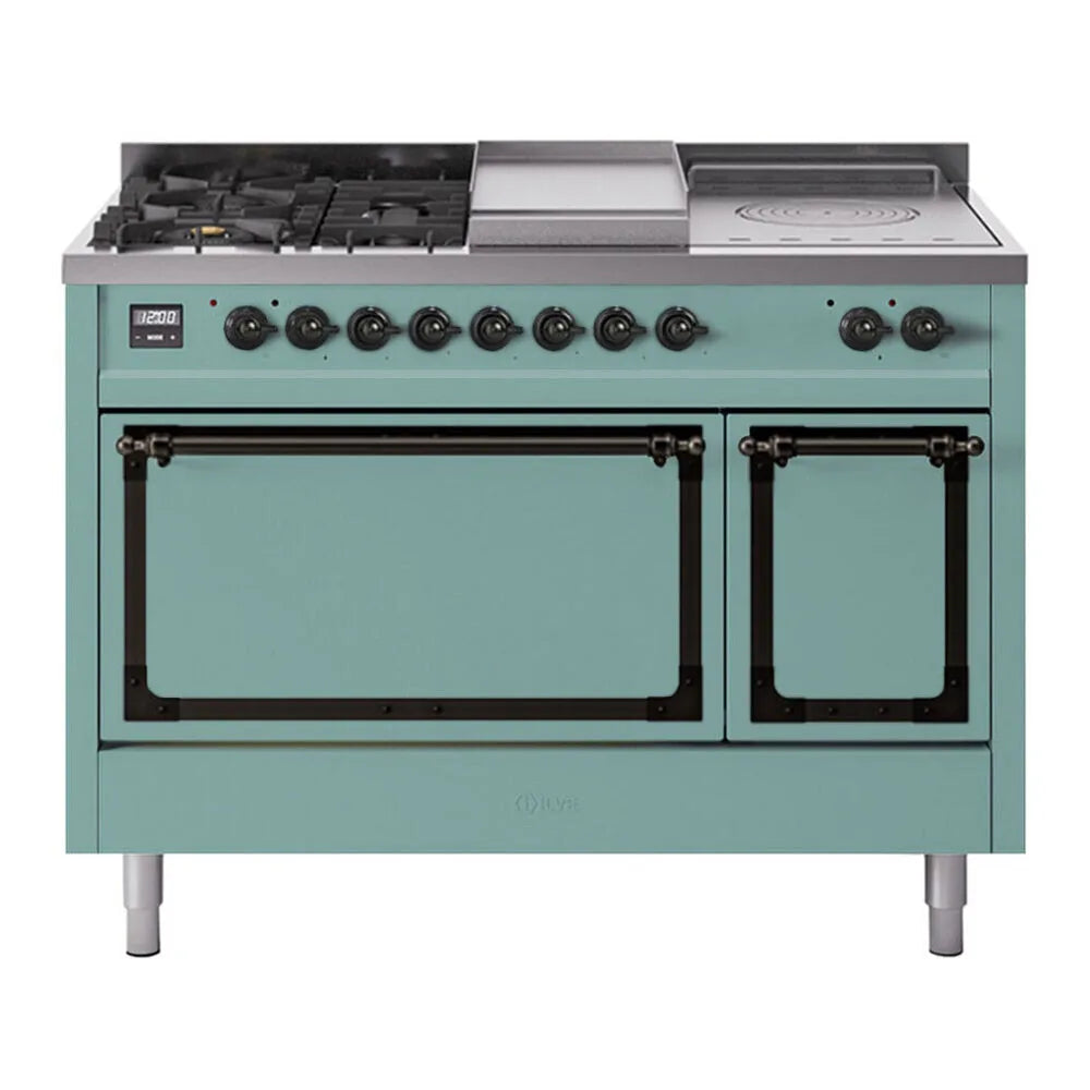 ILVE Nostalgie II Noblesse 48-Inch 5.02 Cu. Ft. Dual Oven Propane Gas Dual Fuel Range with 5 Burners, Griddle, French Top and Solid Door in Mediterranean Mint with Burnished Bronze Trim, front view