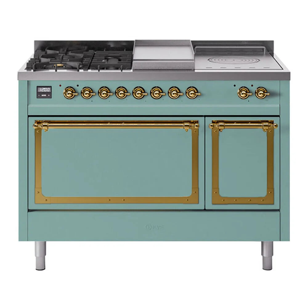 ILVE Nostalgie II Noblesse 48-Inch 5.02 Cu. Ft. Dual Oven Natural Gas Dual Fuel Range with 5 Burners, Griddle, French Top and Solid Door in Mediterranean Mint with Brass Trim, front view