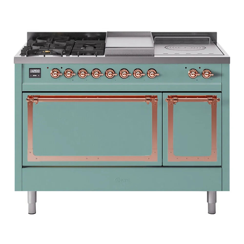 ILVE Nostalgie II Noblesse 48-Inch 5.02 Cu. Ft. Dual Oven Natural Gas Dual Fuel Range with 5 Burners, Griddle, French Top and Solid Door in Mediterranean Mint with Copper Trim, front view