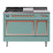 ILVE Nostalgie II Noblesse 48-Inch 5.02 Cu. Ft. Double Oven Propane Gas Dual Fuel Range with 5 Burners, Griddle, French Top and Solid Door in Mediterranean Mint with Copper Trim (UN48FSQNMPMMPLP)