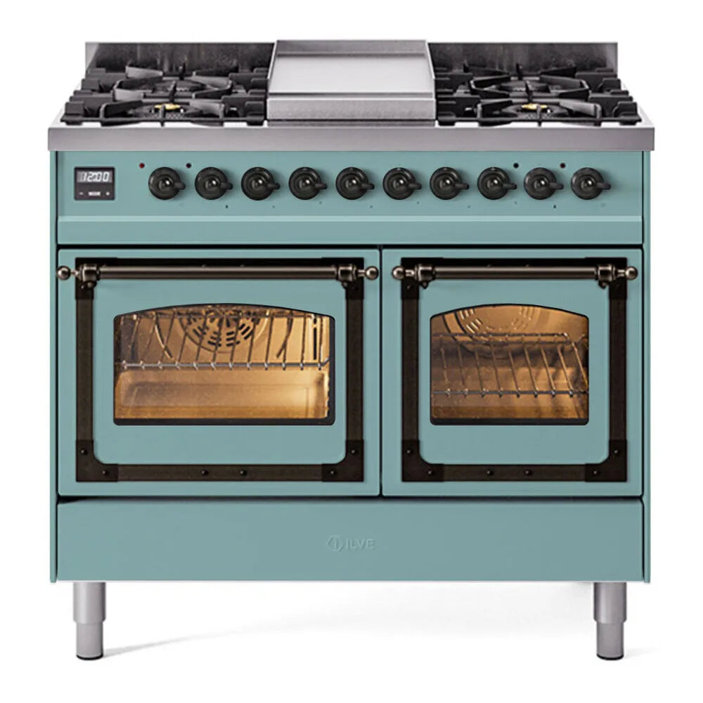 ILVE Nostalgie II Noblesse 40-Inch 4.3 Cu. Ft. Dual Oven Propane Gas Dual Fuel Range with 6 Burners, Griddle and Triple Glass Door in Mediterranean Mint with Burnished Bronze Trim, front view