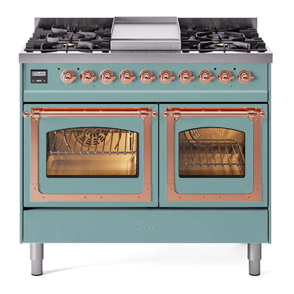 ILVE Nostalgie II Noblesse 40-Inch 4.3 Cu. Ft. Dual Oven Propane Gas Dual Fuel Range with 6 Burners, Griddle and Triple Glass Door in Mediterranean Mint with Copper Trim, front view