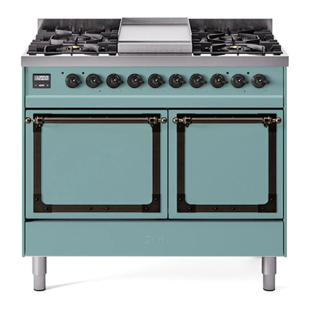 ILVE Nostalgie II Noblesse 40-Inch 4.3 Cu. Ft. Dual Oven Natural Gas Dual Fuel Range with 6 Burners, Griddle and Solid Door in Mediterranean Mint with Burnished Bronze Trim, front view