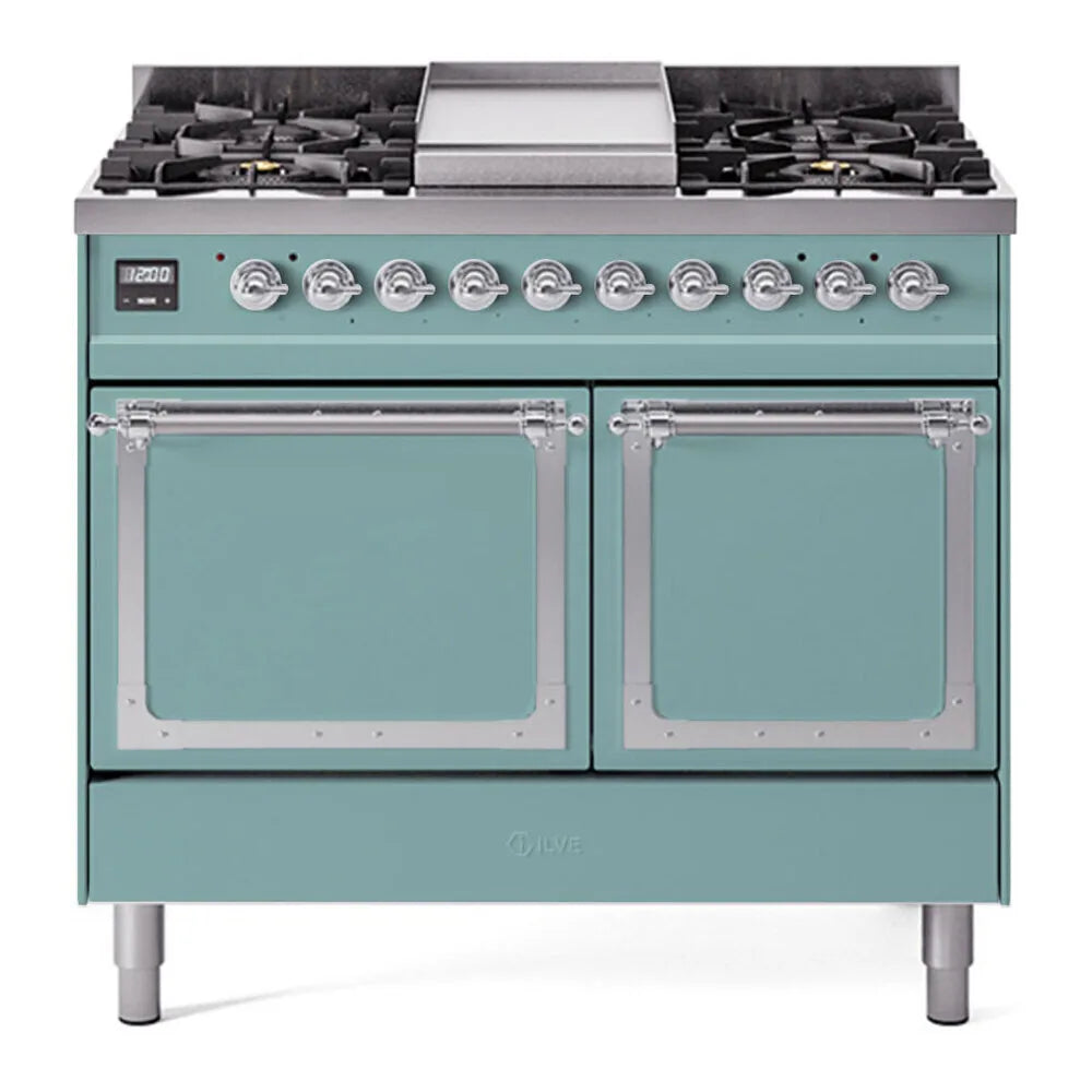 ILVE Nostalgie II Noblesse 40-Inch 4.3 Cu. Ft. Dual Oven Natural Gas Dual Fuel Range with 6 Burners, Griddle and Solid Door in Mediterranean Mint with Chrome Trim, front view