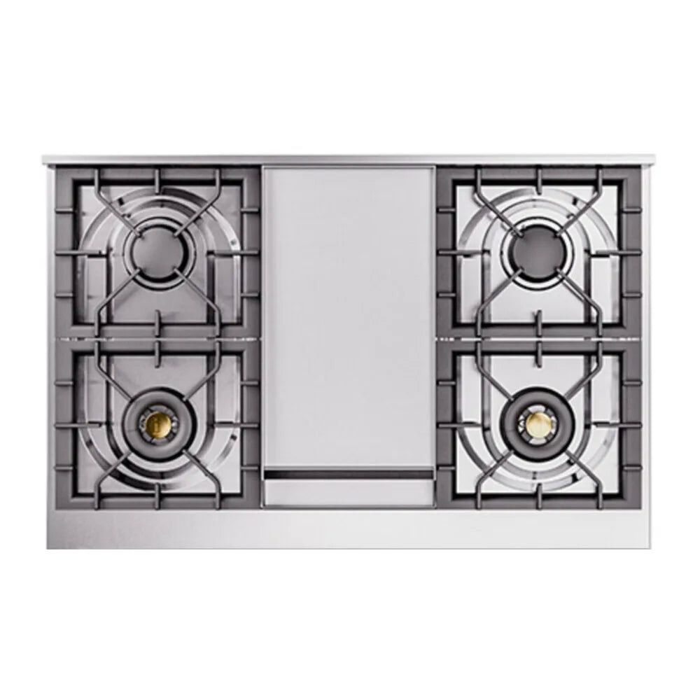 ILVE Nostalgie II Noblesse 40-Inch 4.3 Cu. Ft. Dual Oven Natural Gas Dual Fuel Range with 6 Burners, Griddle and Solid Door in Mediterranean Mint with Copper Trim, detail view