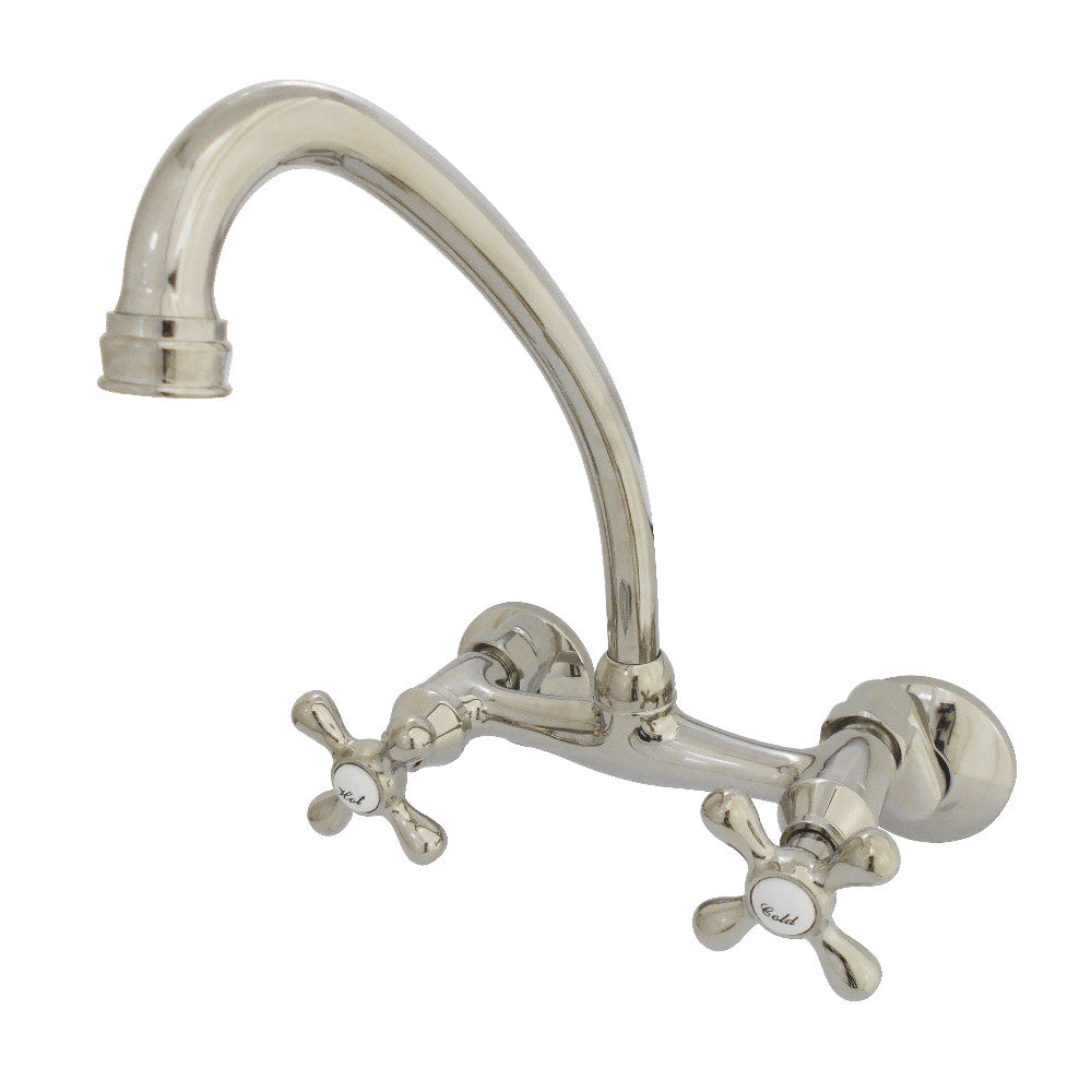 Polished nickel bridge kitchen faucet with curved spout and double cross handles, wall-mount