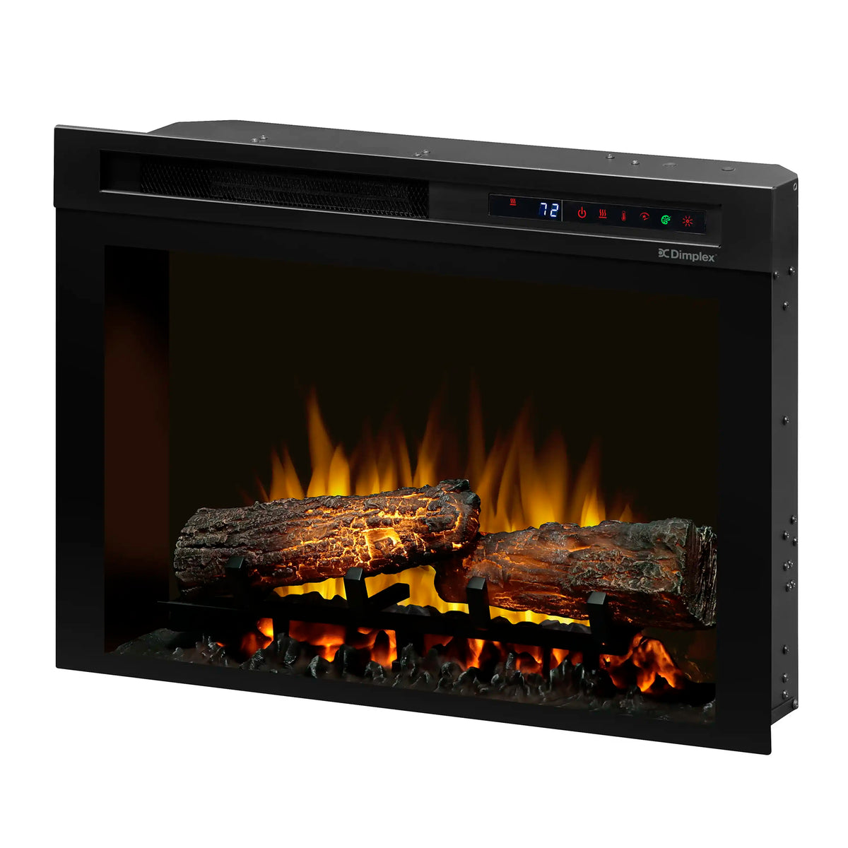Black 26-inch electric firebox with glowing logs and digital control panel