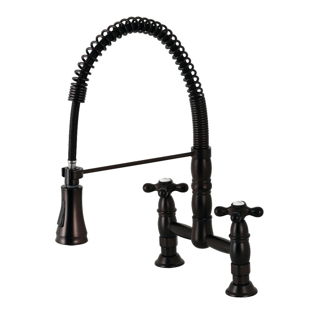 Oil-rubbed bronze pre-rinse bridge faucet, double handles, arched spray hose