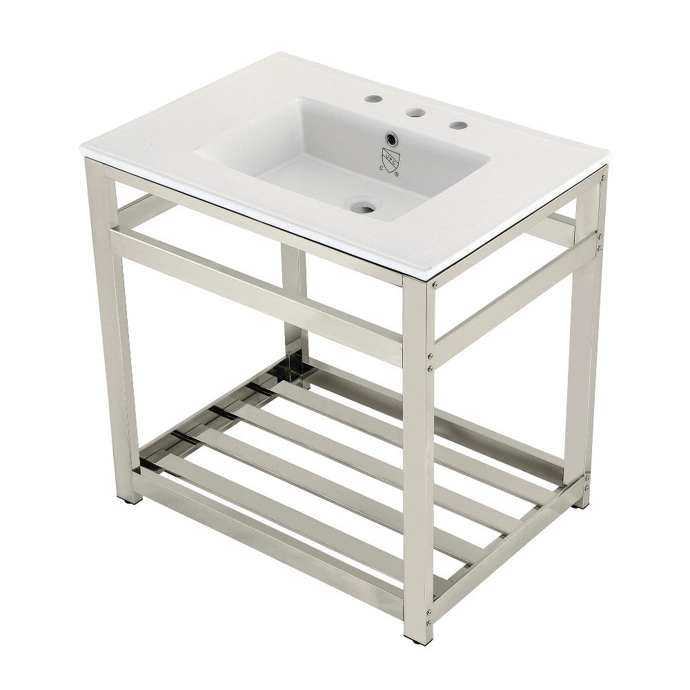 White ceramic console sink with steel base, 3-hole deck and bottom shelf, polished nickel