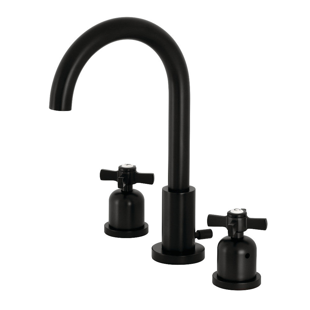 Matte black widespread bathroom faucet with curved spout and two cross handles