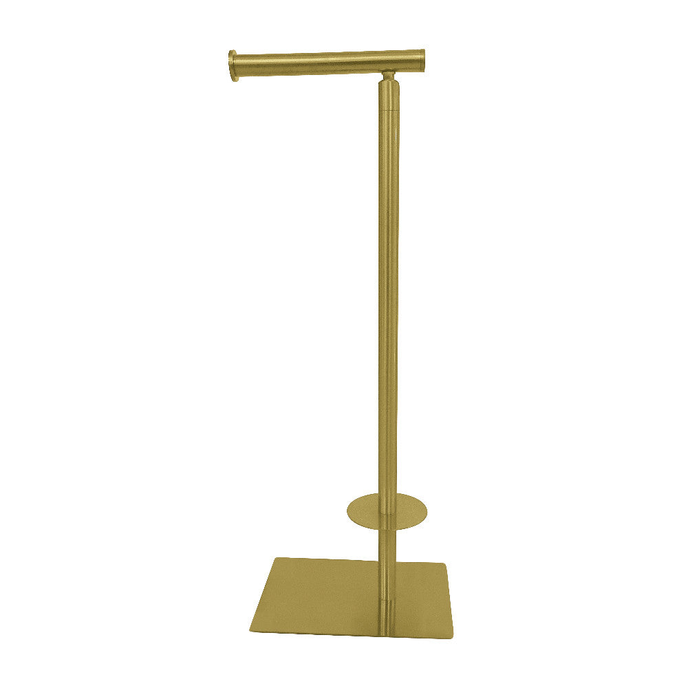 Freestanding toilet paper holder with brushed brass vertical stand and round base